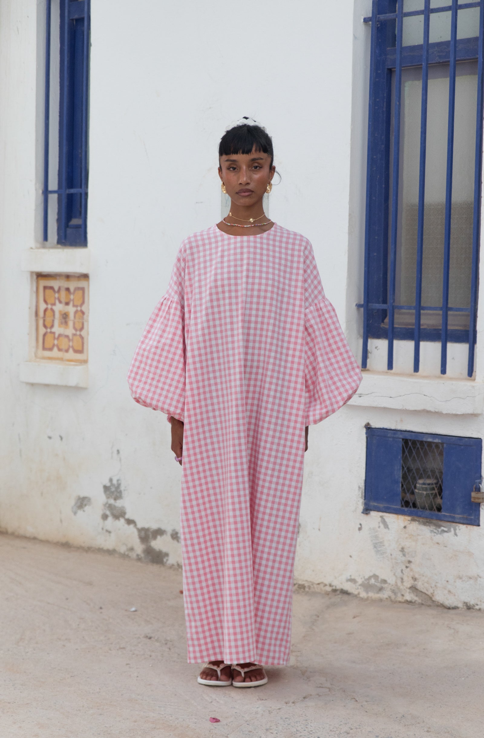 plaid oversized dress JessaKae Pyper Oversized Collar Cotton Puff Sleeve Midi Dress - Red Plaid